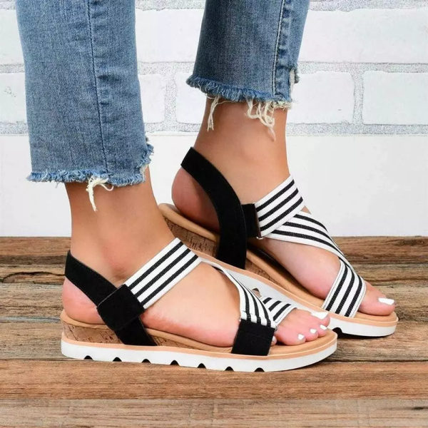 

woman elastic band wear open-toed cool flat heel comfortable classic fashion all-match casual sandals beach shoes 5ke038, Black