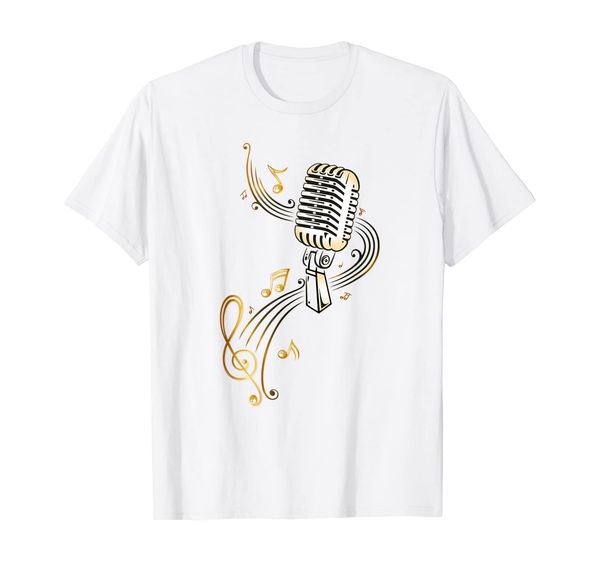 

microphone shirt with music notes and clef. musician. ., White;black