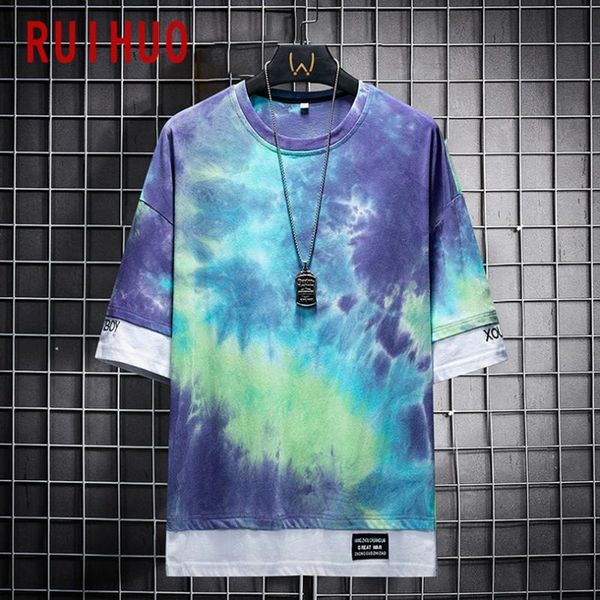 

men's t-shirts ruihuo tie dye cotton t shirt for men clothing harajuku tee summer streetwear hip hop 3xl 2021 arrivals, White;black