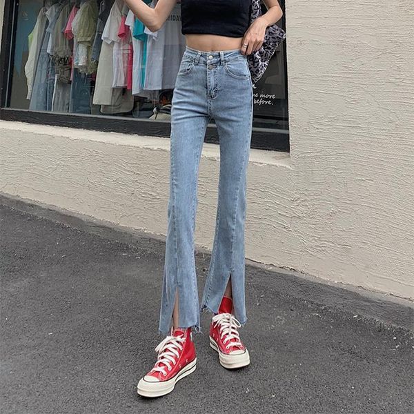 

women's jeans irregular flared split korean vintage clothes high waist trousers fashion pants for girls streetwear 2021 autumn, Blue