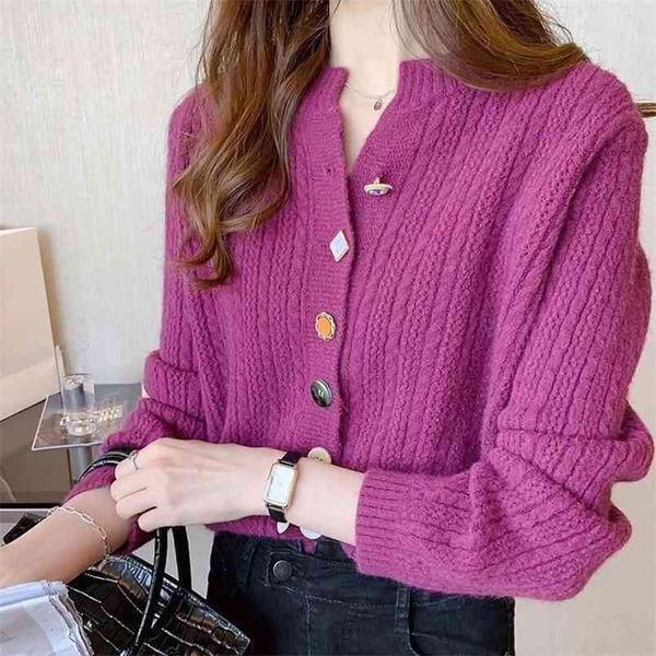

spring and autumn retro cardigan ladies loose round neck knitted lazy style jacket sweater women 210427, White;black