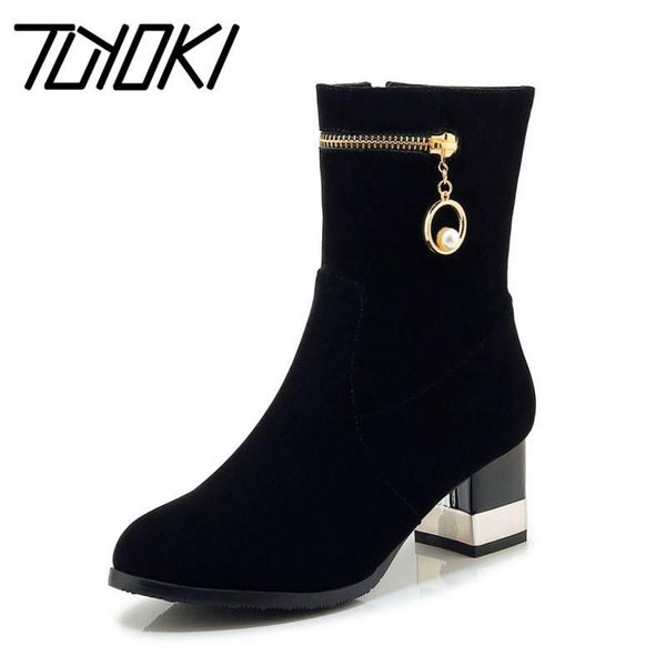 

boots tuyoki office ladies ankle fashion metal zipper high heel keep warm fur winter casual shoes women size 33-43, Black