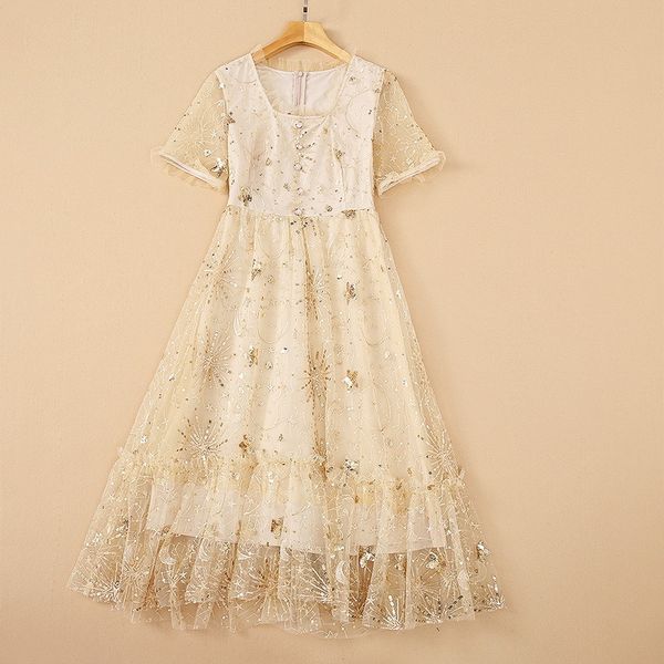 

casual dresses european and american women's wear for spring short sleeve square collar heavy sequin fashionable mesh dresses 444q, Black;gray