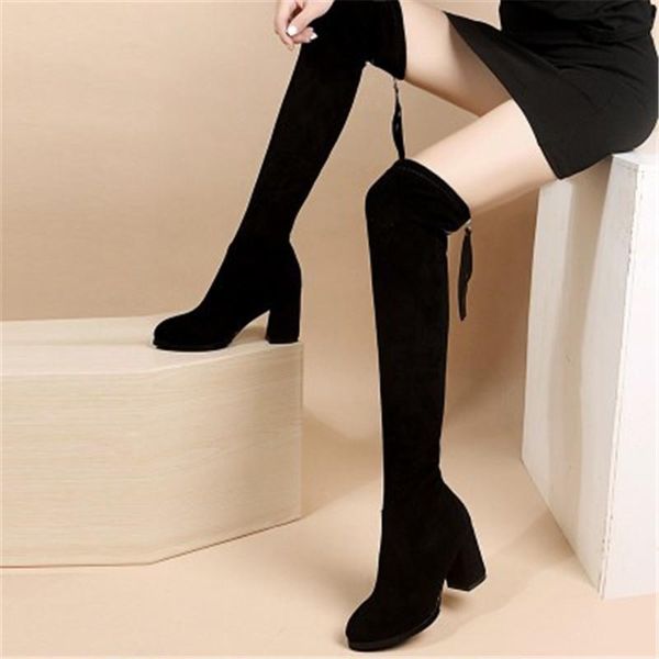 

boots fashion over the knee women stretch 2021 winter warm long high heel back zip rubber slim black 33-40
