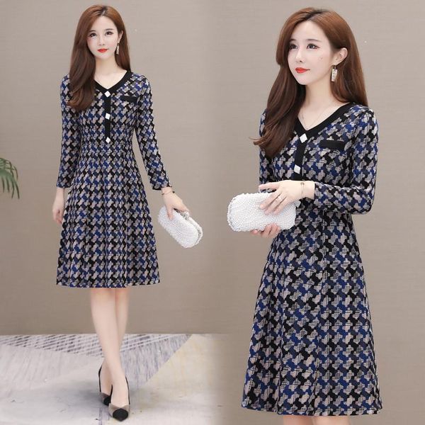 

casual dresses 2021 autumn winter dress women v-neck long sleeve large size stripe high-end temperament ol office lady 4xl, Black;gray