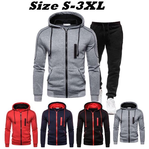 

jogging clothing men's zipper tracksuit set 2 pcs hoodie and pant suit autumn winter hooded cardigan sportwear running fitness, Black;red