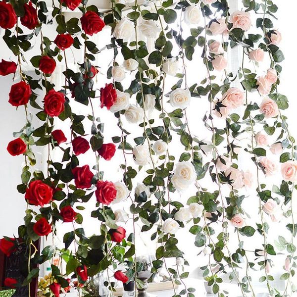 Ghirlande di fiori decorativi Pratico 180 cm Artificiale Fiore di rosa Vite Matrimonio Tocco reale Seta con foglie verdi Per la casa Hanging Garlan