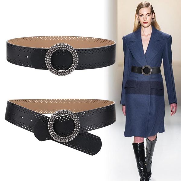 

belts cowskin waist seal for women vintage circle buckle belt coat luxury wide genuine leather waistbands black dress red cummerbunds, Black;brown