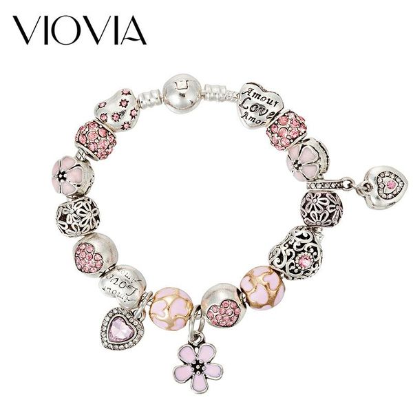 

charm bracelets viovia antique 925 silver bracelet fit original heart and flower crystal bead women wedding valentine's day gift b17036, Golden;silver