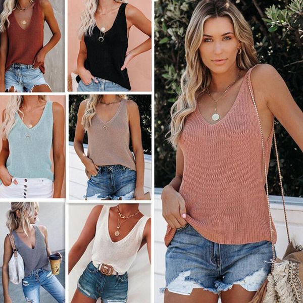 

solid color fashion tanks household knitting sleeveless women's tee v neck casual wear female vest, White