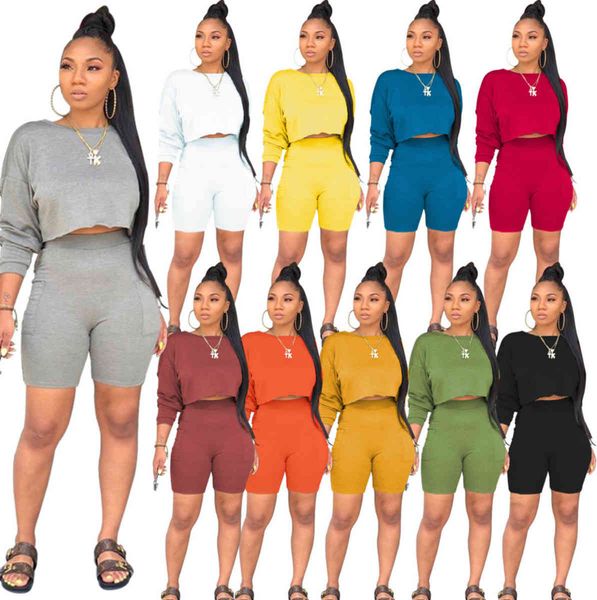 

women tracksuits 2 piece outfits designers clothes 2021 fashion round neck long sleeve sweater pocket shorts two piece set jogging suit, Gray