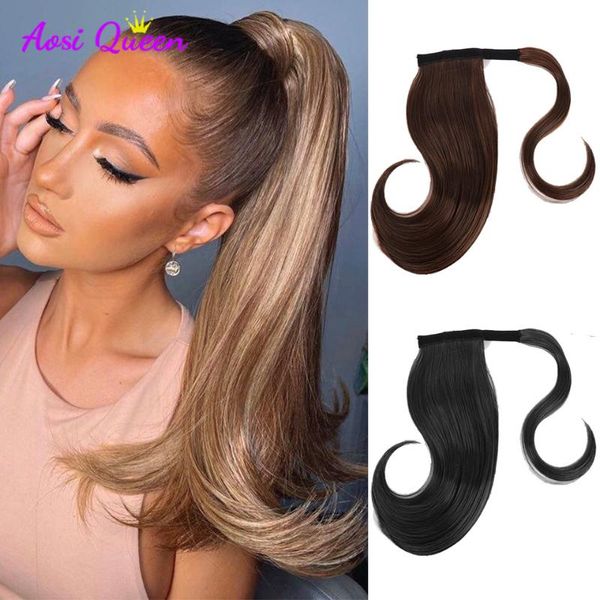 

synthetic wigs as long straight wrap ponytail hair heat-resistant black brown wig