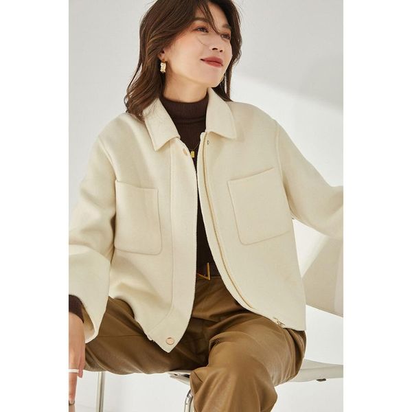 

women's wool & blends autumn short coat beige casual warm jacket female 2021 winter loose fashion black lapel double-sided woolen 100%