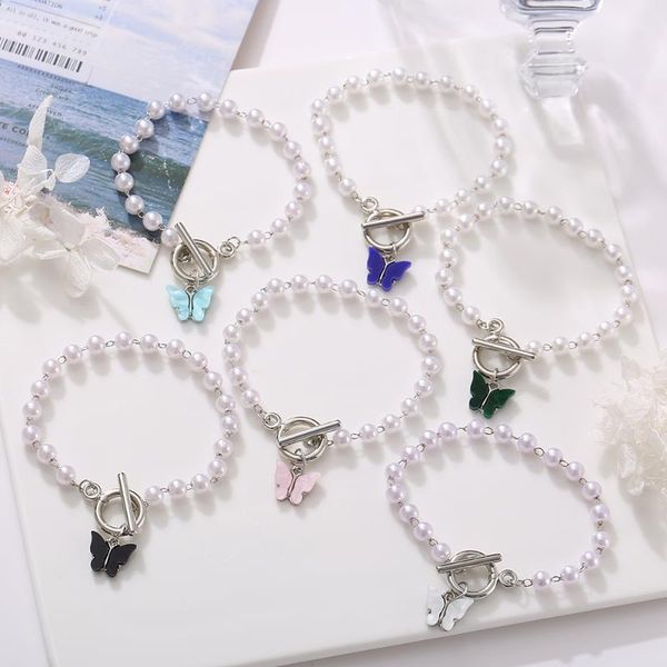 

link, chain punk 2021 gold color charm bracelets for women pearl coin butterfly alloy bangle fashion bohemian jewelry gift, Black