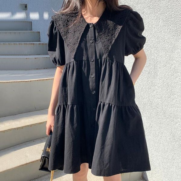 

casual dresses [ewq] 21 summer fashion elegant retro black hollow single-breasted loose lapel puff sleeve pleated mini dress women 16f1209, Black;gray