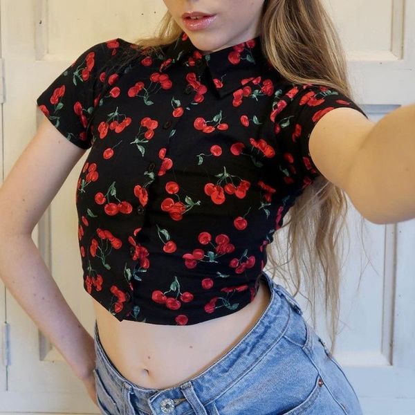 

cherry print t-shirts harajuku short sleeve slim fit crop y2k aesthetic cute streetwear 90s vintage women summer tee women's t-shir, White