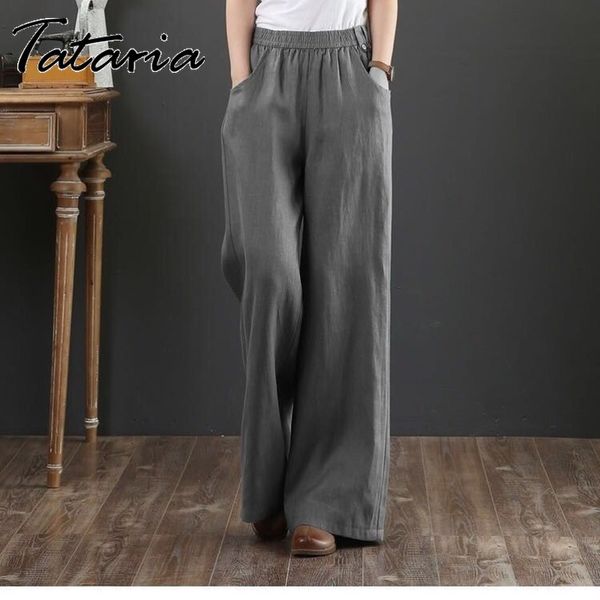 Pantaloni in lino di cotone da donna Casual Taglie forti Pantaloni larghi a gamba larga arancioni a vita alta Donna Grigio Elegante Streetwear 210514