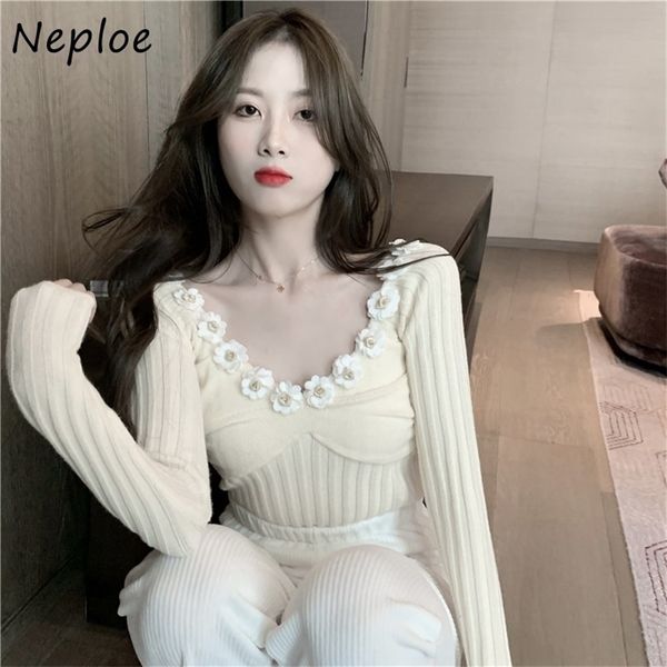 

french flower patchwork slim fit sweater women o neck pullover long sleeve pull femme spring solid sueter 210422, White;black
