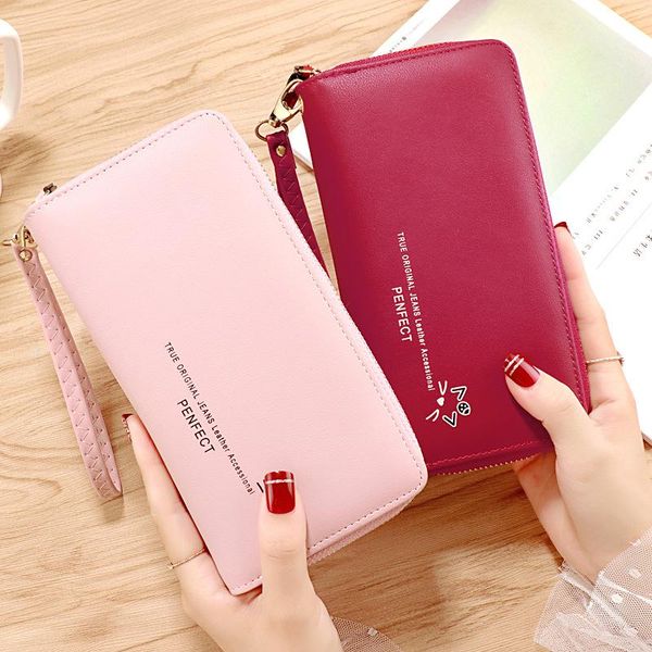 

wallets 2021 phone purses long women big female purse leather ladies brand woman card clutch double zipper pu, Red;black