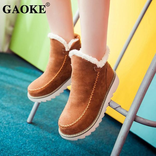 

boots classic women winter suede ankle snow female warm fur plush insole botas mujer slip on platform shoes, Black