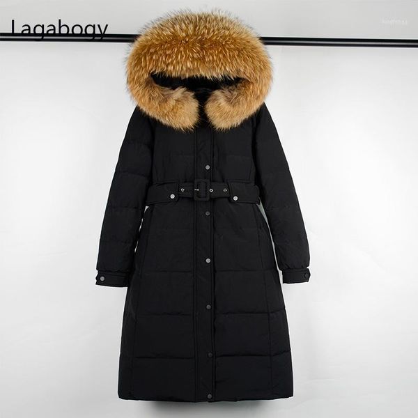 

women's down & parkas lagabogy 2021 women winter 90% white duck jacket large real raccoon fur female long warm parka hooded pocket coat, Black