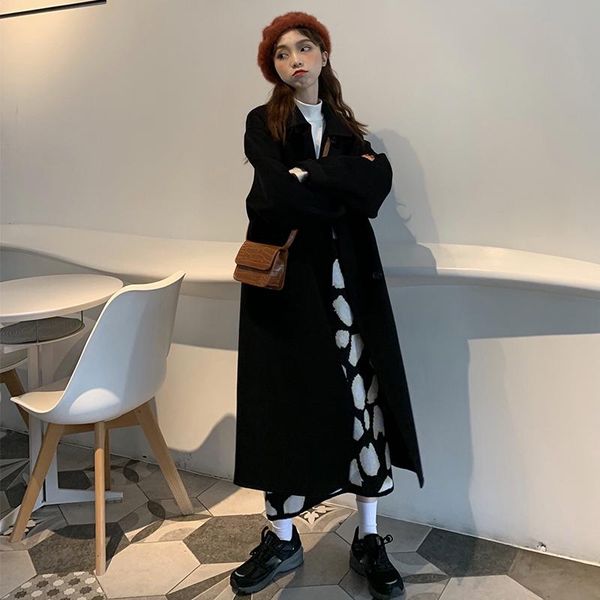 

winter wool women coats turn-down collar long-sleeved straight knee-length all match black lady outwear women's & blends
