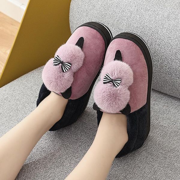 

cotton slippers women's thick-soled winter home warm indoor non-slip pregnant women shoes imitation fur, Black