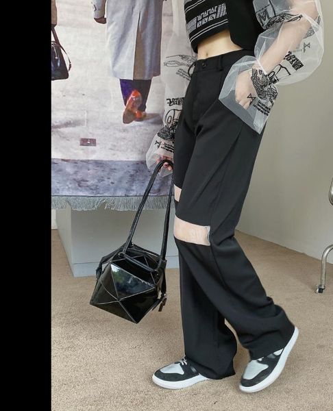 

women's pants & capris european summer chic drape stitching lace mesh design sense thinner straight mopping suit women fashion 2021, Black;white