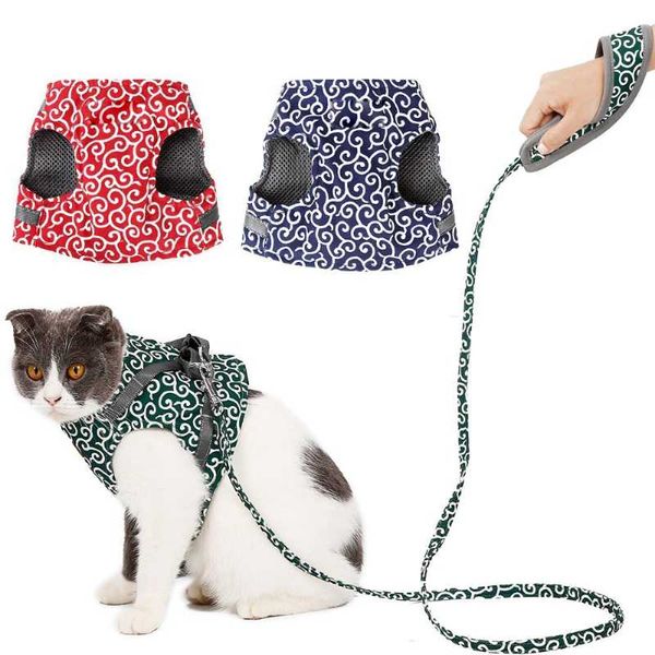 

cat collars & leads adjustable harness polyester mesh puppy dogs collar breathable comfortable chinese style walking lead leash for pet