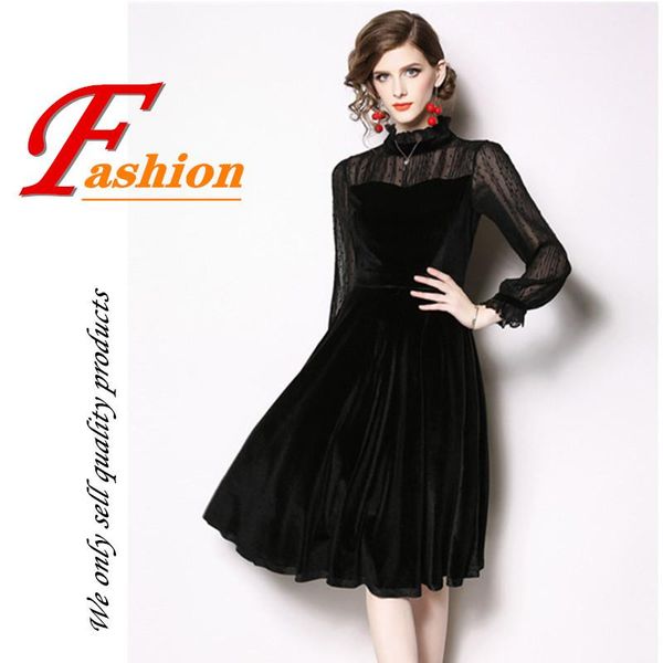 

casual dresses autumn winter women elegant fashionable velvet dress patchwork mesh lace slim party vintage anti-pilling, Black;gray