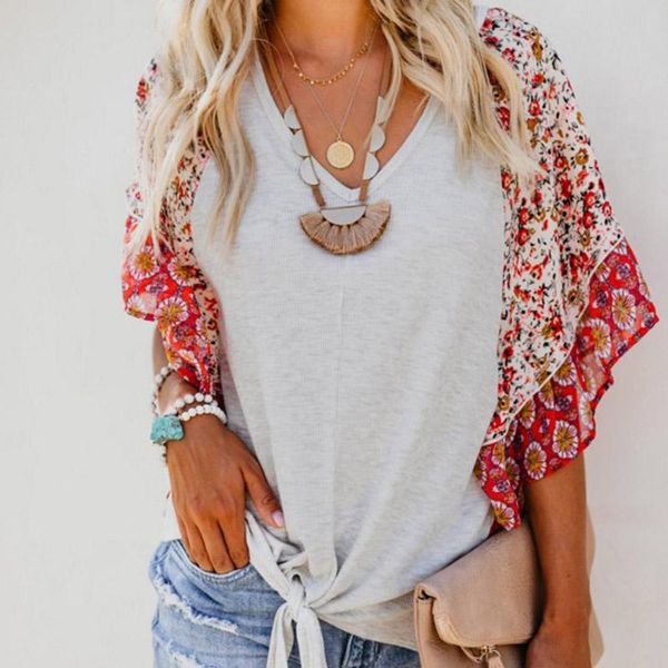 

women boho floral t-shirt v neck bat sleeve summer loose -mx8 women's, White