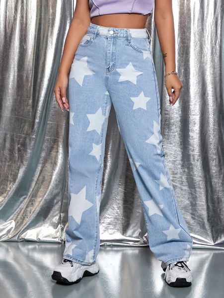 

star print straight leg jeans o1qs#, Blue