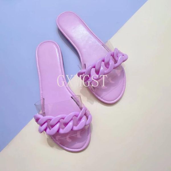 

sandals fashion big chain decorative vamp color cute cool slippers european and american flat bottom, Black