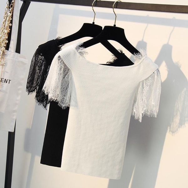 

women's sweaters lace sweater women slash neck short sleeve female pullovers 2021 knitting tees femme white black pull knitwear