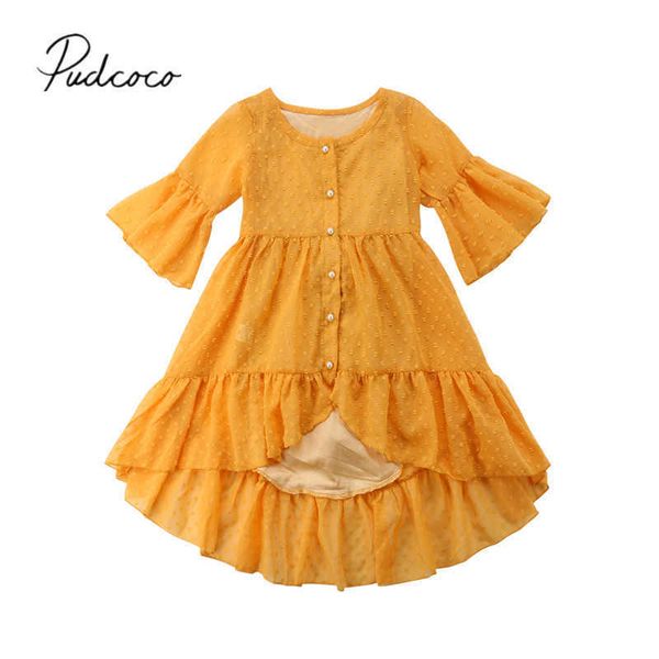 Brandneues Prinzessin-Mode-Kleinkind-Baby-Mädchen-Boho-Partykleid mit langen Aufflackernärmeln und Rüschen, asymmetrisches gelbes Kleid, 1–5 Jahre, Q0716