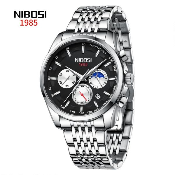 

wristwatches nibosi male watch clock casual fashion auto date 24hour moon phase men sport waterproof quartz chronograph, Slivery;brown
