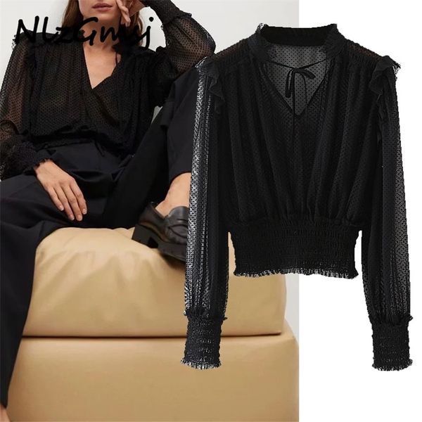 

blouse women fashion mesh dots transparent long sleeve shirts female chic 210628, White