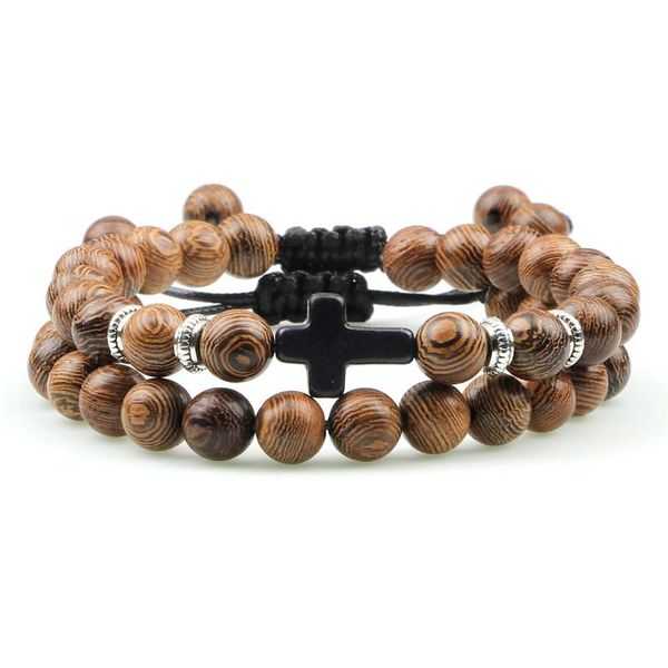 

beaded, strands 2pcs/set braided men's natural stone bracelet cross 8mm bead turquoises for couples bracelets&bangles women's adju, Black