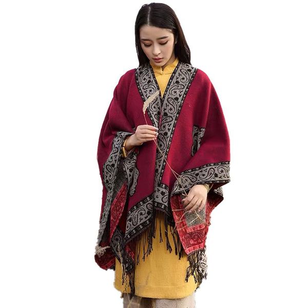 

scarves chinese ethnic fashion women cape winter autumn soft faux cashmere cloak scarf thick warm for, Blue;gray