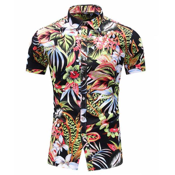 

men shirt gothic style floral print vacation single breasted header stand collar button short sleeve hawaii men's casual shirts, White;black