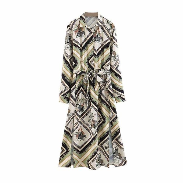 

casual dresses spring 2021 women geometric pattern mid-calf belt sashes dress feminino vestidos, Black;gray