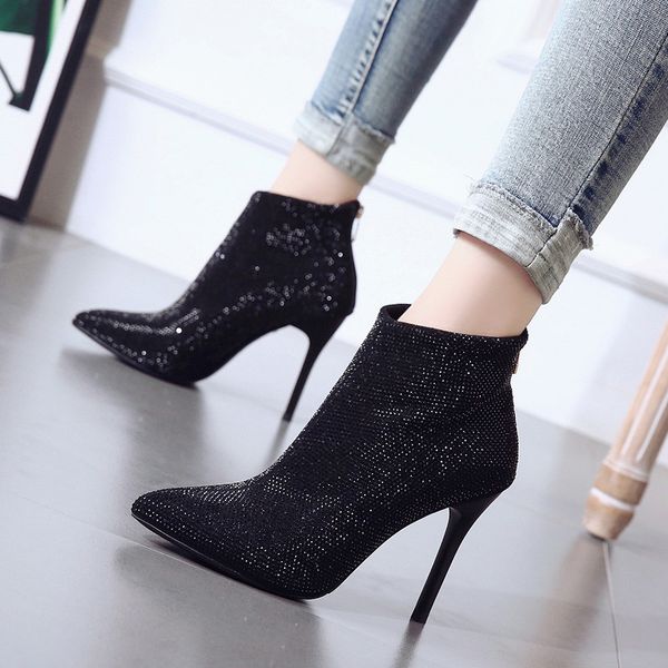 

Rhinestone Ankle Boots Women High Heels Booties Pointed Toe Shoes Ladies Bling Wedding Shoes Ladies Winter Women Shoes, Black
