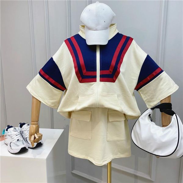 

two piece dress [ewq]2021 summer preppy style color-coded zipper short-sleeved loose sports shirt coats+high waist pocket 2 suit, White