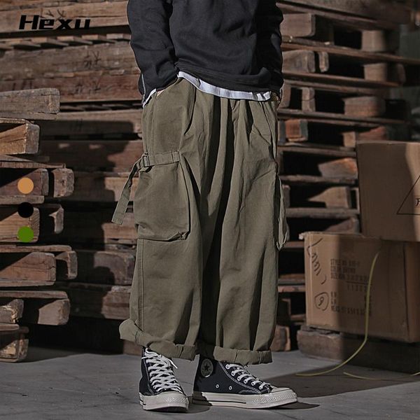

men's pants wide cargo classic hip hop streetwear loose japanese fashion drawstring trousers cotton working clothes a8061, Black