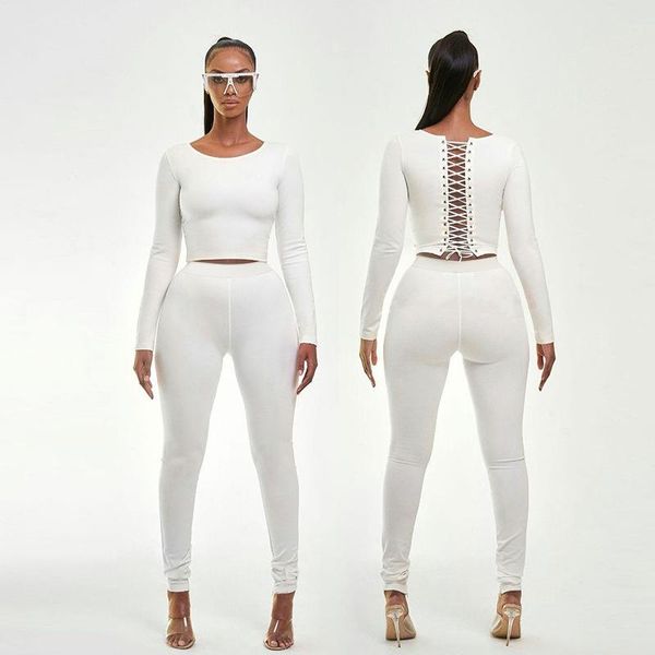 

women's two piece pants slim sets solid o-neck long sleeves skinny cropped elastic pencil women matching, White
