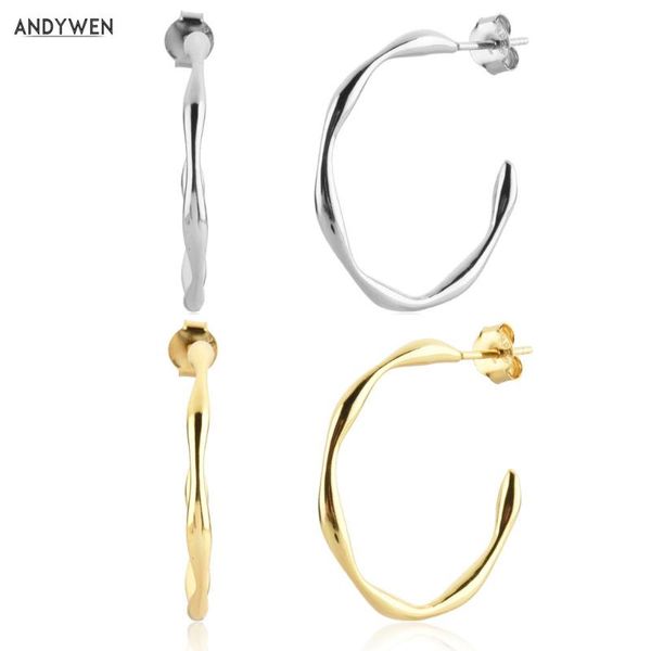 

hoop & huggie andywen 925 sterling silver 23mm big hoops circle pendiente vanilla gold earring rock puck luxury jewelry clips, Golden;silver