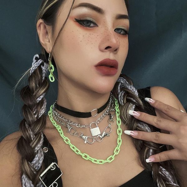 

pendant necklaces gothic accessories punk geometric lock choker for women hip hop fluorescent hollow acrylic chain necklace set, Silver