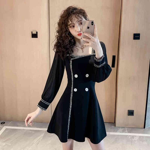 

spring autumn women's chiffon long-sleeved dress temperament black big swing a-line party gd512 210506, Black;gray
