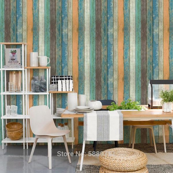 

mediterranean stripe self-adhesive wood grain wallpaper retro nostalgic wooden board living room home decoration wall stickers v wallpapers