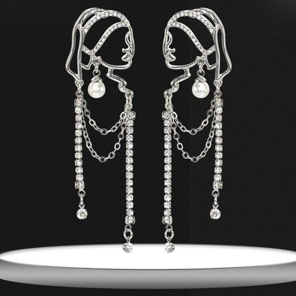 

stud pearl crystal portrait chain tassel earrings vintage french personality exaggerated women jewelry accessories, Golden;silver